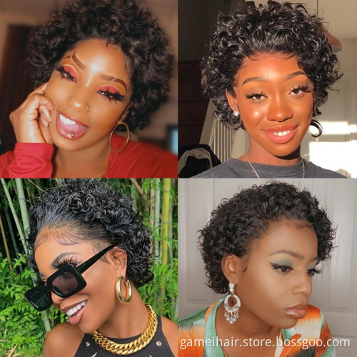 Ready to Ship Cheap Short Bob Water Curly Wig Vendors Brazilian 100% Virgin Transparent Lace Front Pixie Cut Human Hair  Wigs